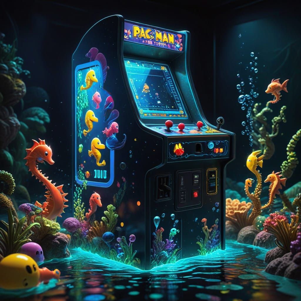 Vintage Pac-Man Arcade Cabinet with Underwater World