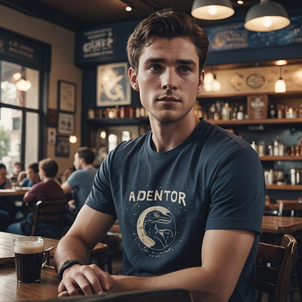 Young Man in Cafe, Nostalgic Cinematic Film Still