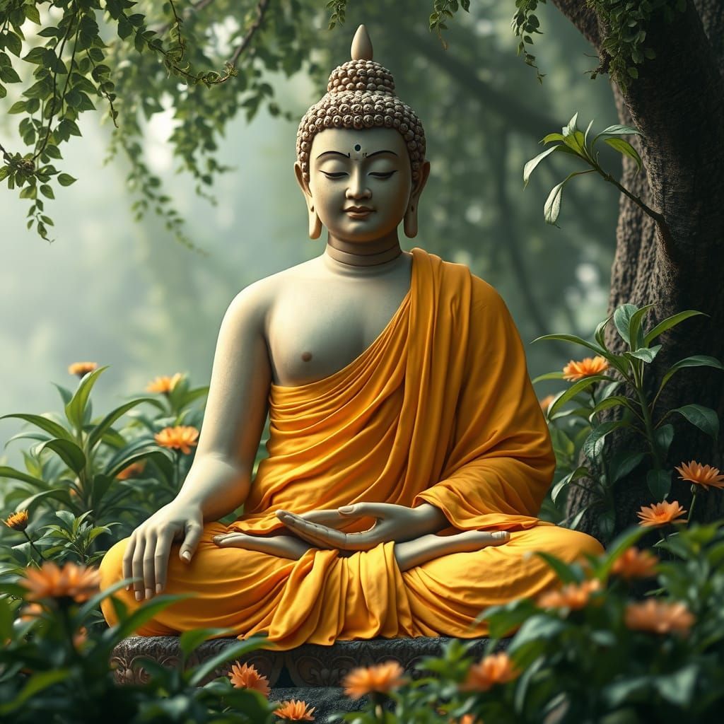 Meditating Buddha in Saffron Robes, Golden Age Illustration
