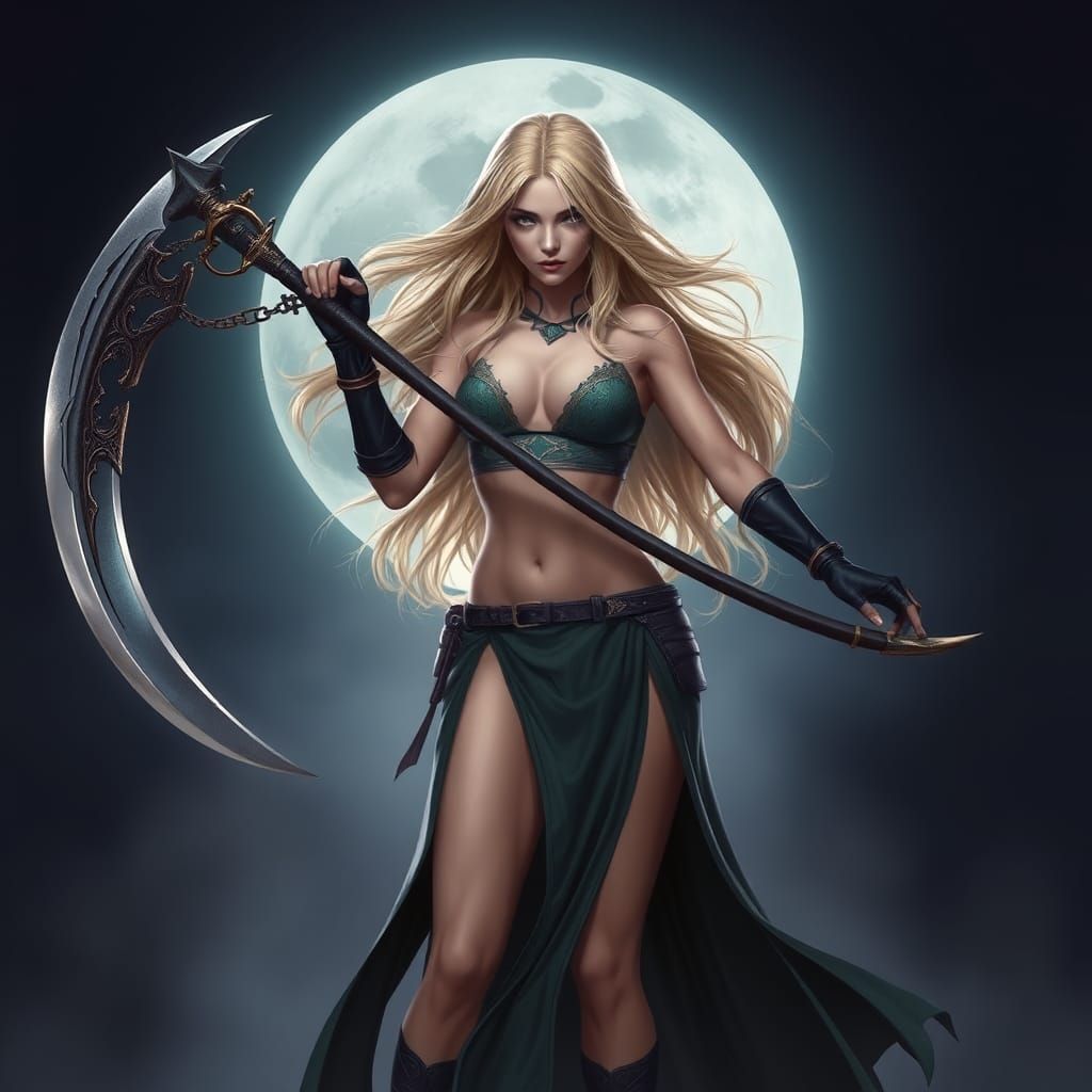 Ethereal Female Warrior with Scythe in Moonlight