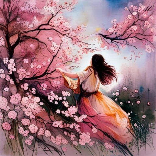 Japanese Garden with Cherry Blossoms in Morning Light