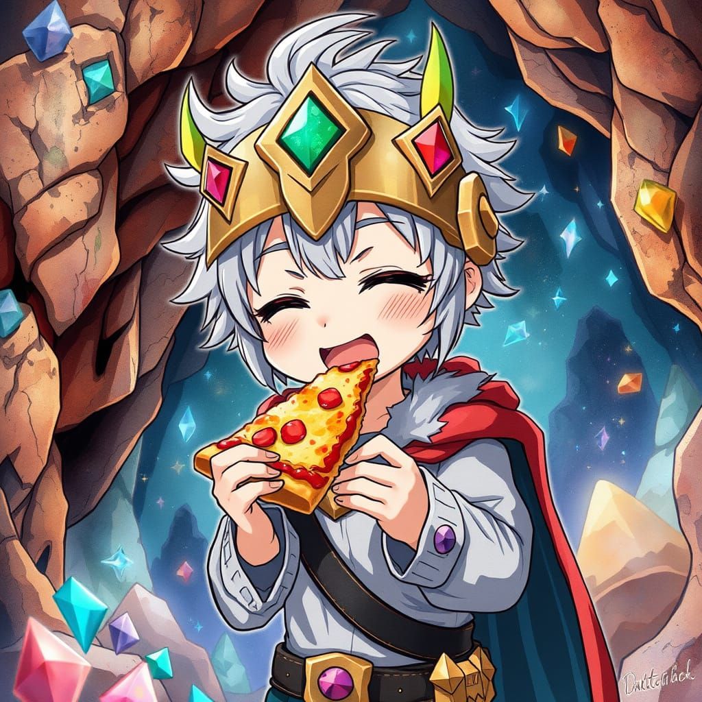 Heroic Chibi Warrior Devours Pizza in Ancient Treasure Cave