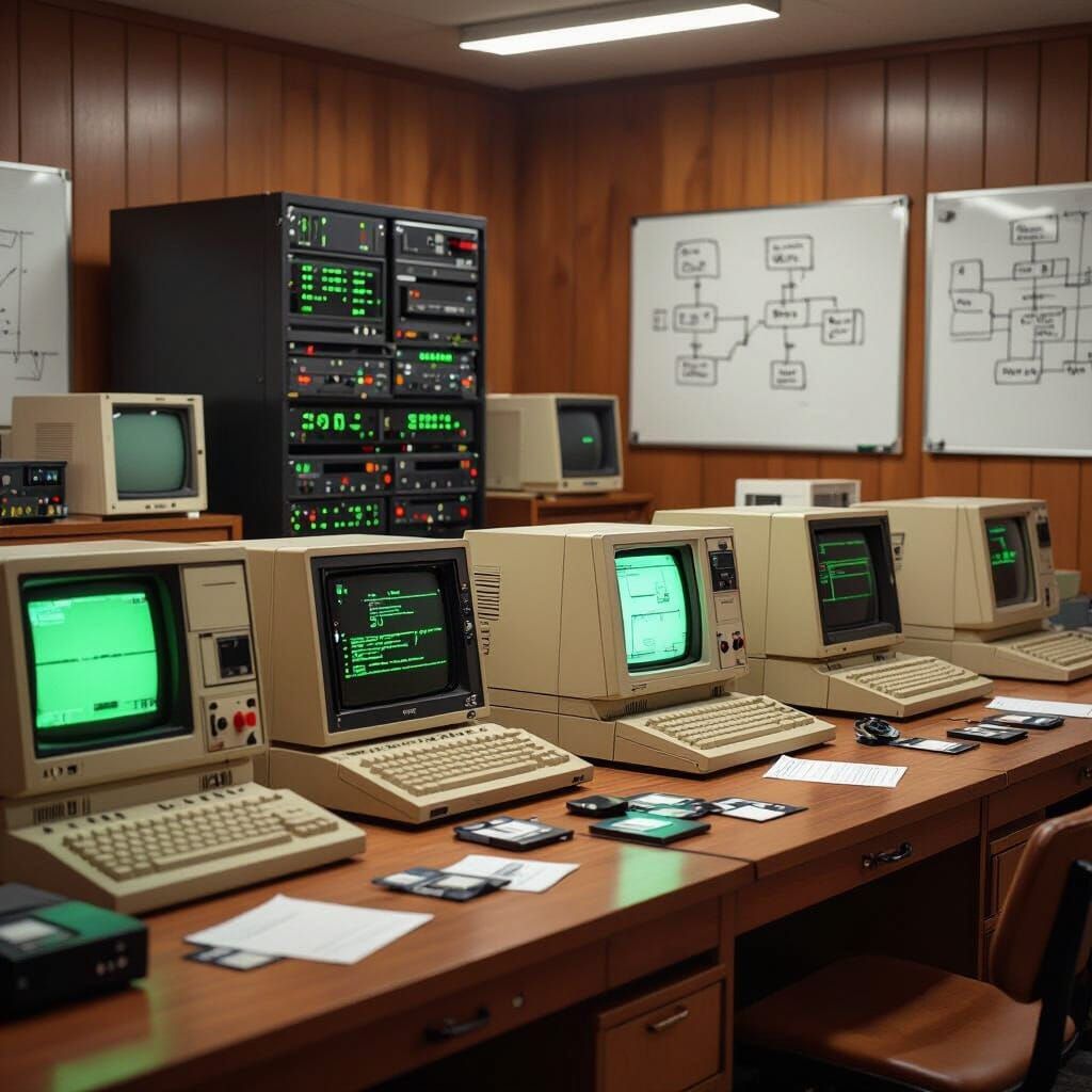 1980s Computer Lab with Mainframe and Flowcharts