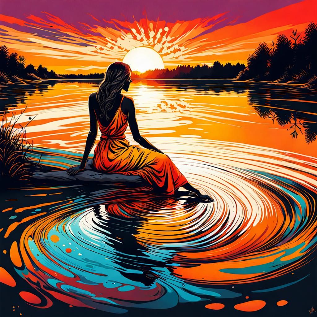 Girl Swims in River at Sunset: Splash Art