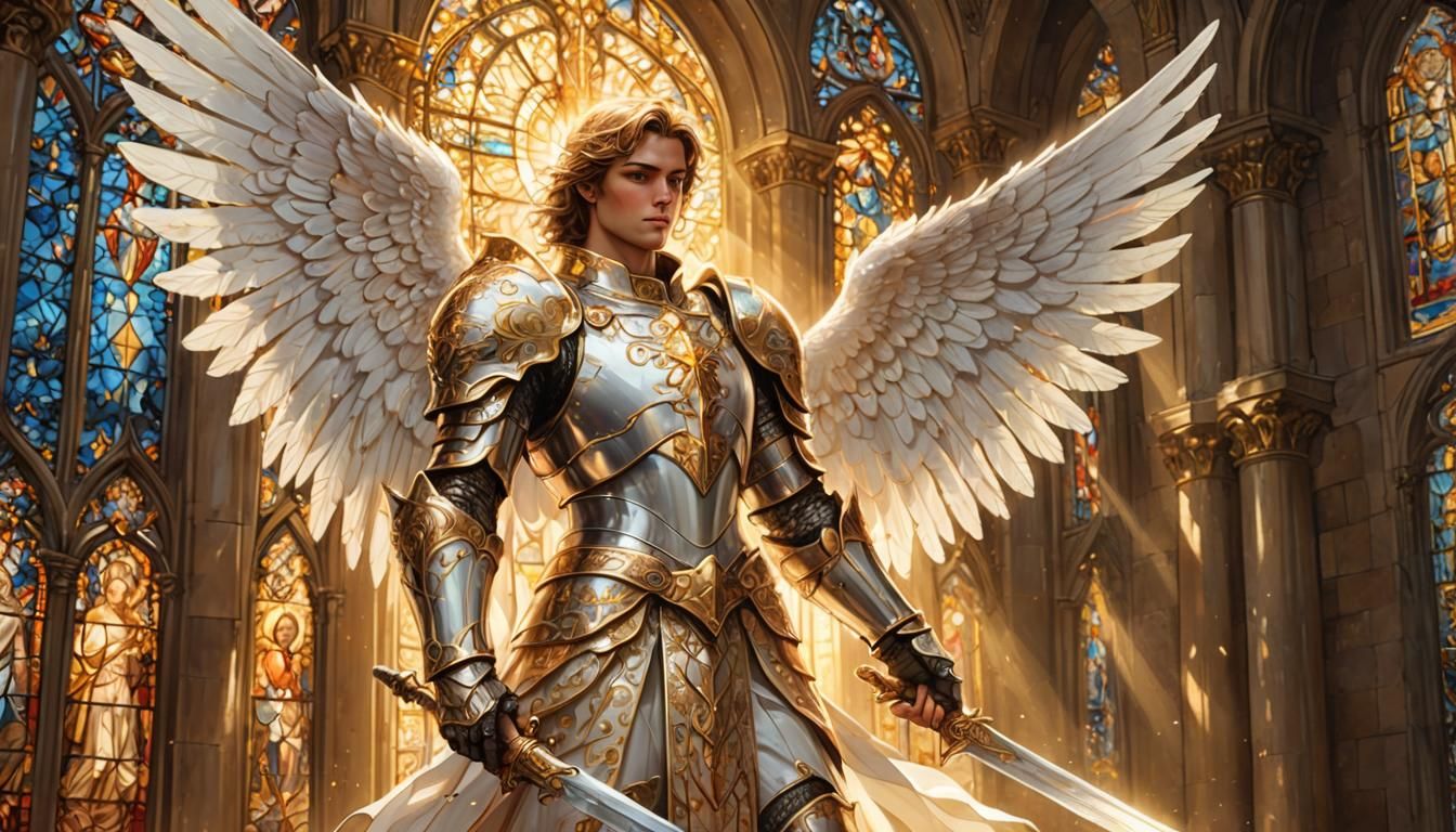 Knight Angel in Divine Temple: Manuscript Art