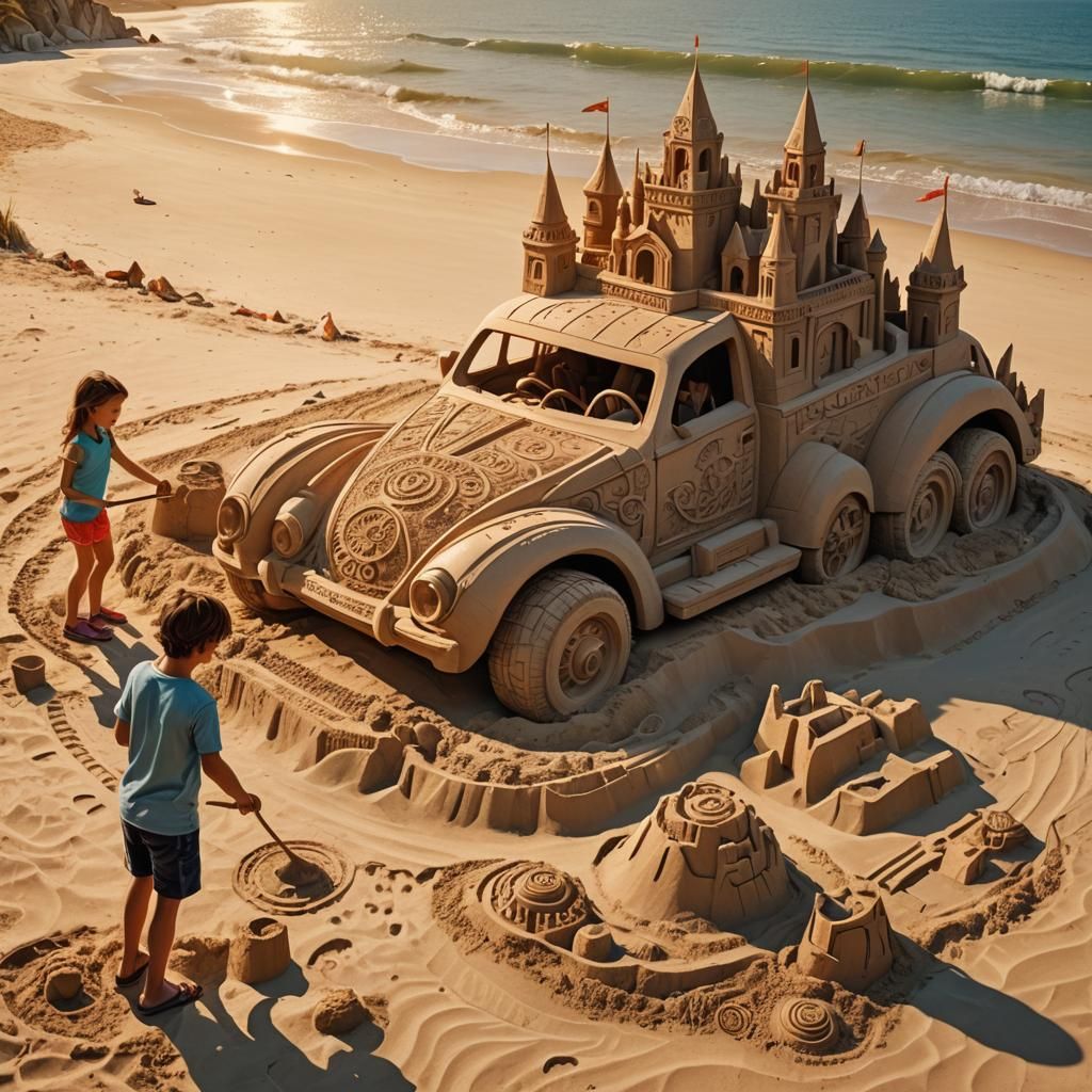 Kids Crafting Sand Sculpture on Sunny Beach