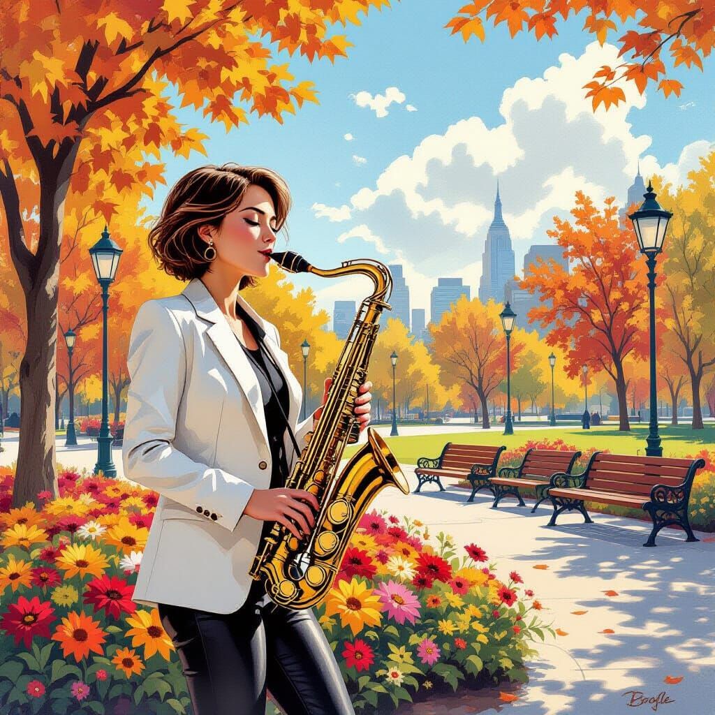 Woman Plays Saxophone in Autumn Park Gouache Painting