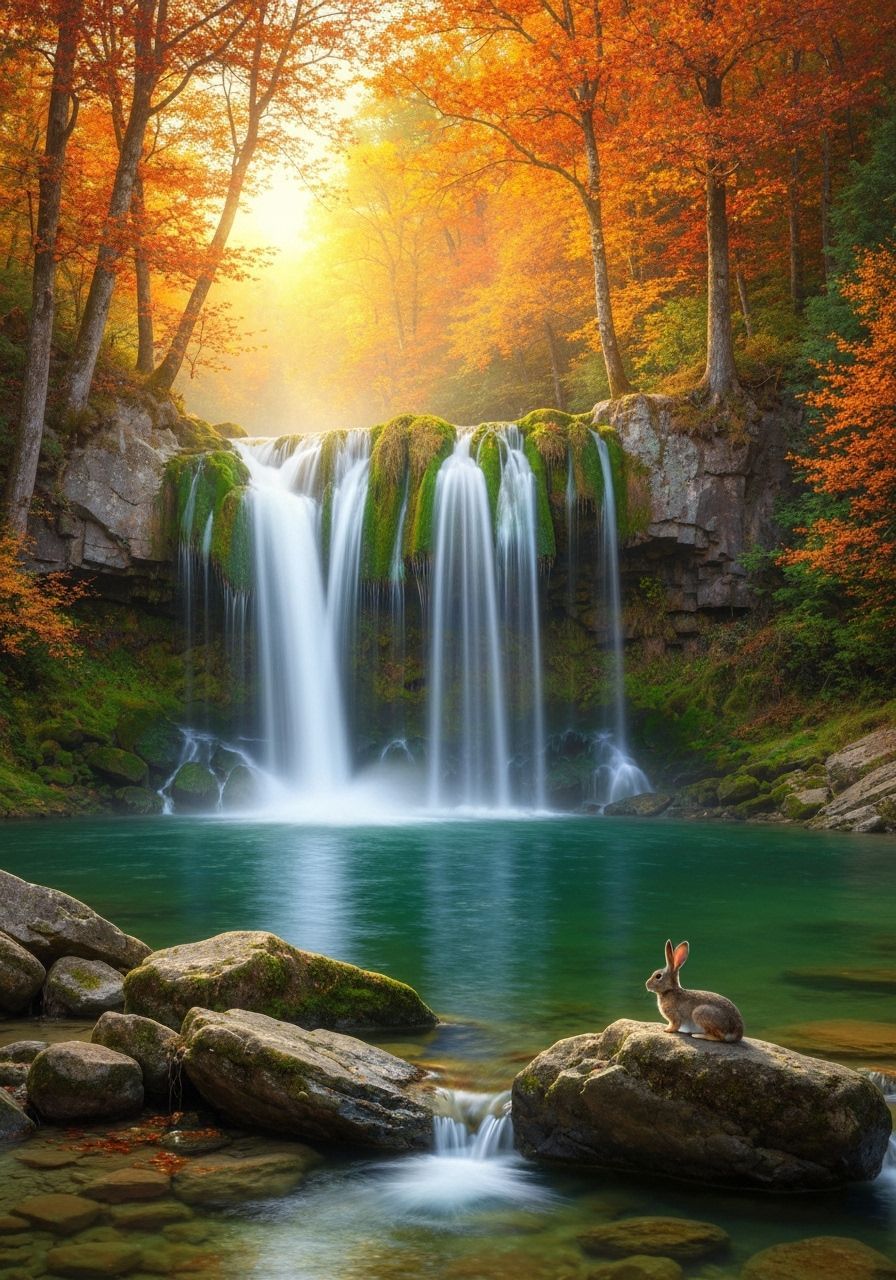 Majestic Autumn Waterfall with Rabbit in Golden Light
