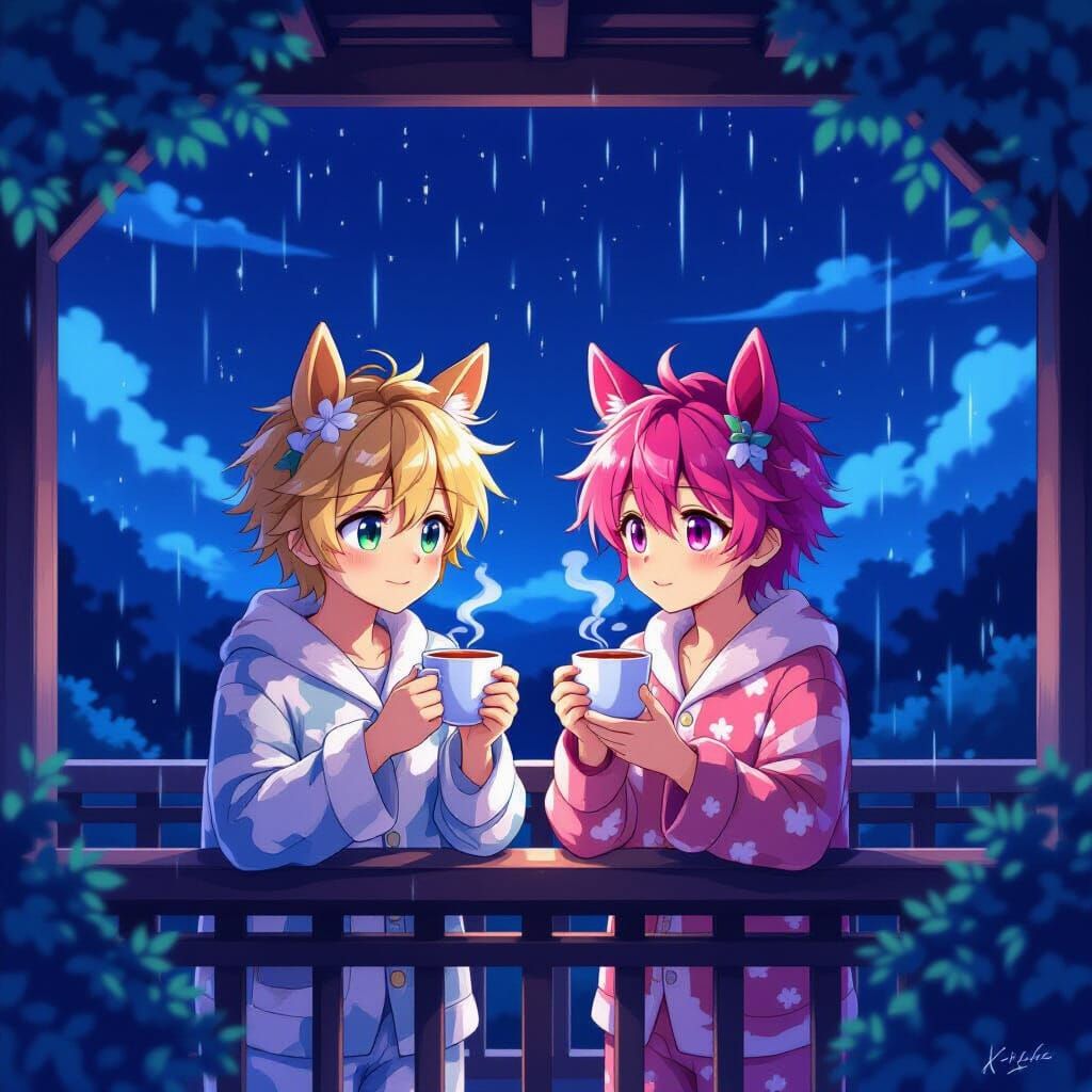 Anime Men with Horse Ears Sipping Tea