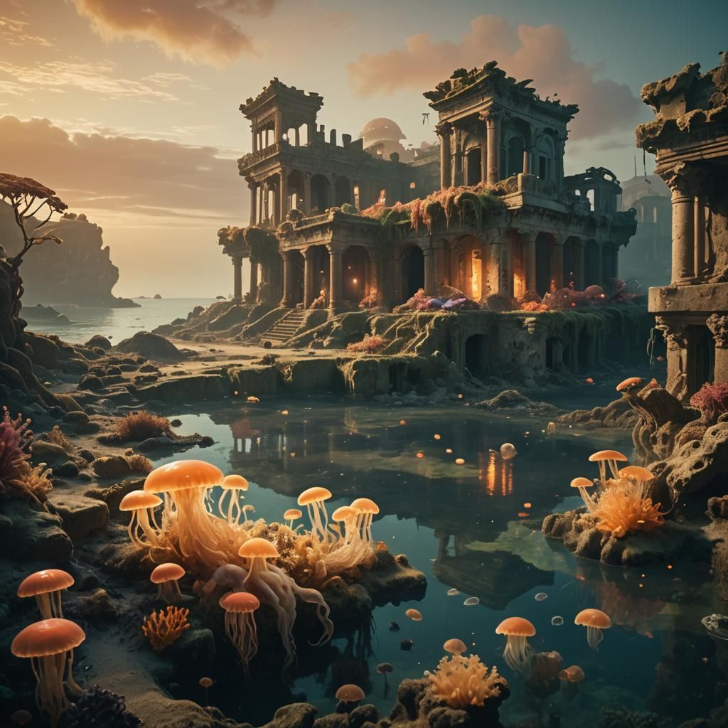 Bioluminescent Sunken City Ruins in Golden Hour