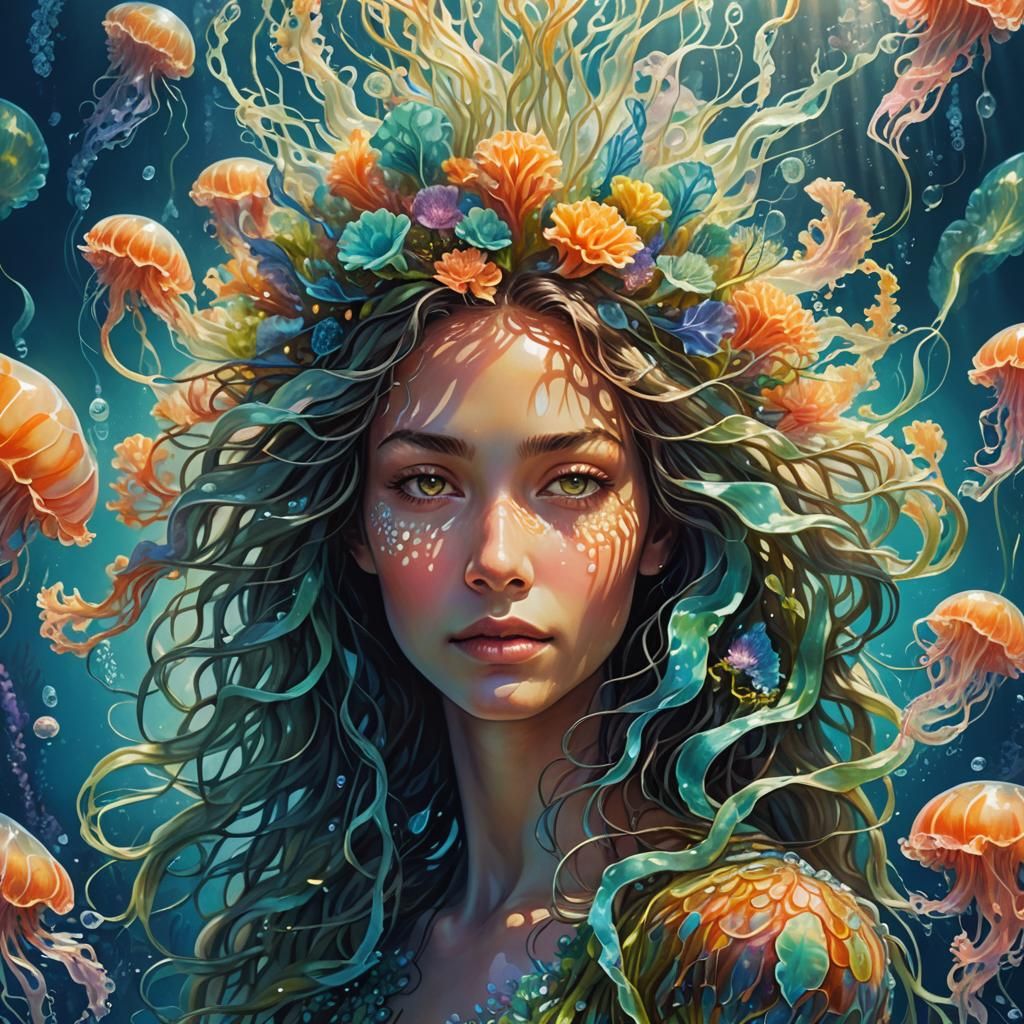 Surreal Oceanic Goddess Portrait in Vibrant Colors