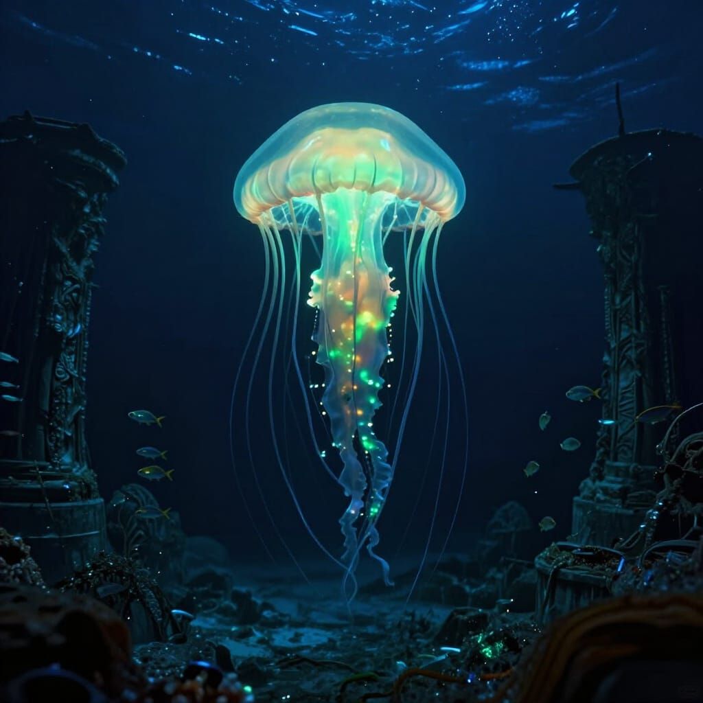 Bioluminescent Jellyfish Drifts Through Deep-Sea Ruins