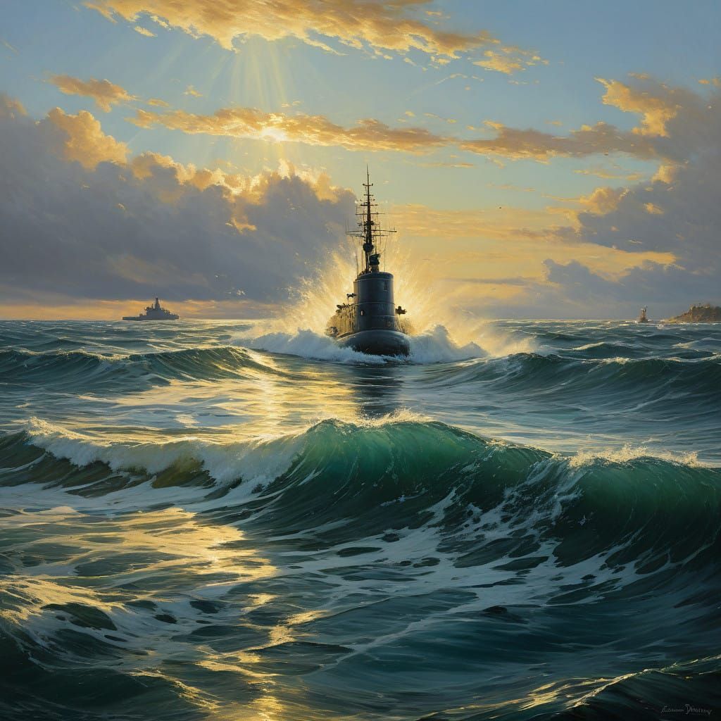 Submarine Rises Through Turbulent Waves in Warm Golden Light