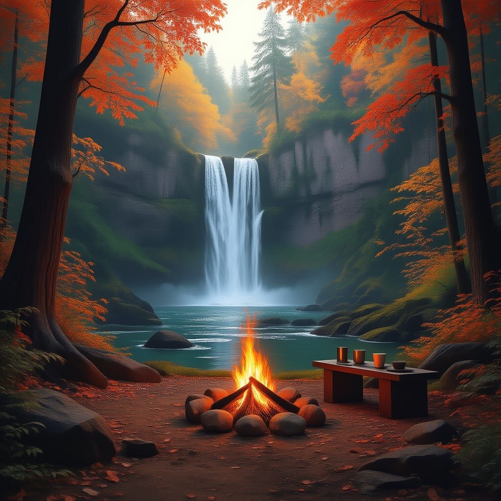 Autumn Forest Path Leads to Majestic Waterfall and Campsite