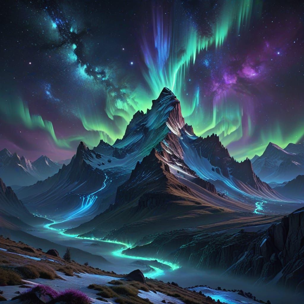 Aurora Borealis Fractals Above Snowy Mountains