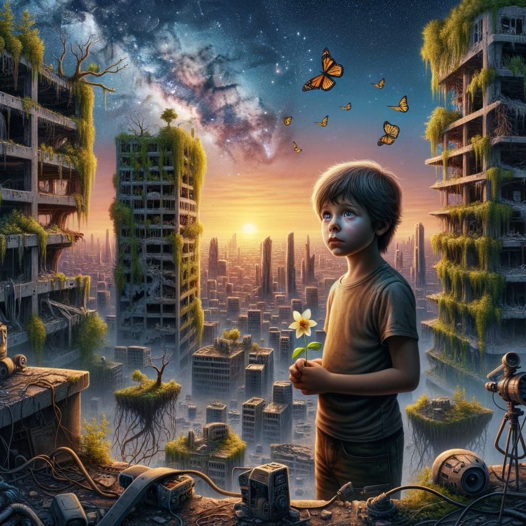 Boy in Ruins with Flower, Surreal Art