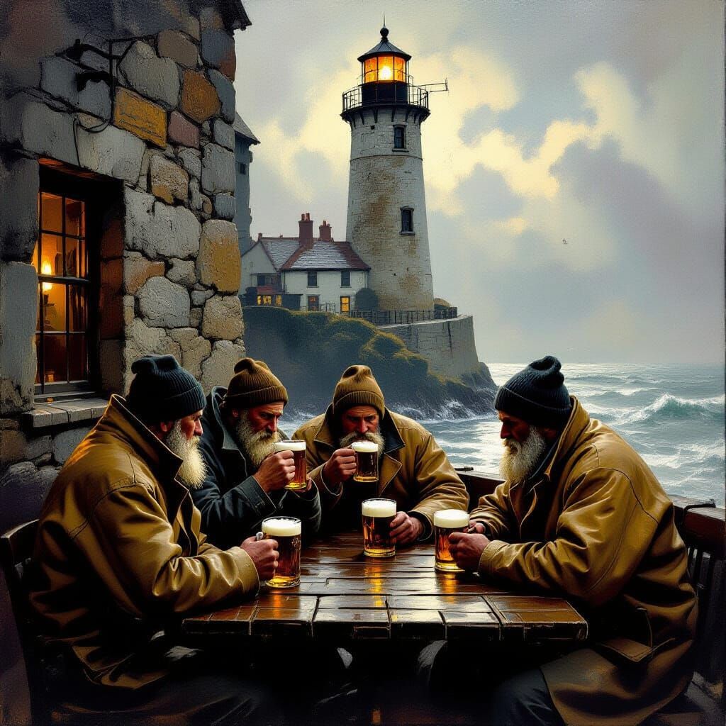 Fishermen Drink Ale in Moody Pub Under Lighthouse