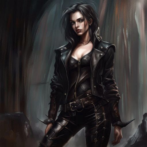 Gothic Girl in Leather Outfit, Illustrative Style
