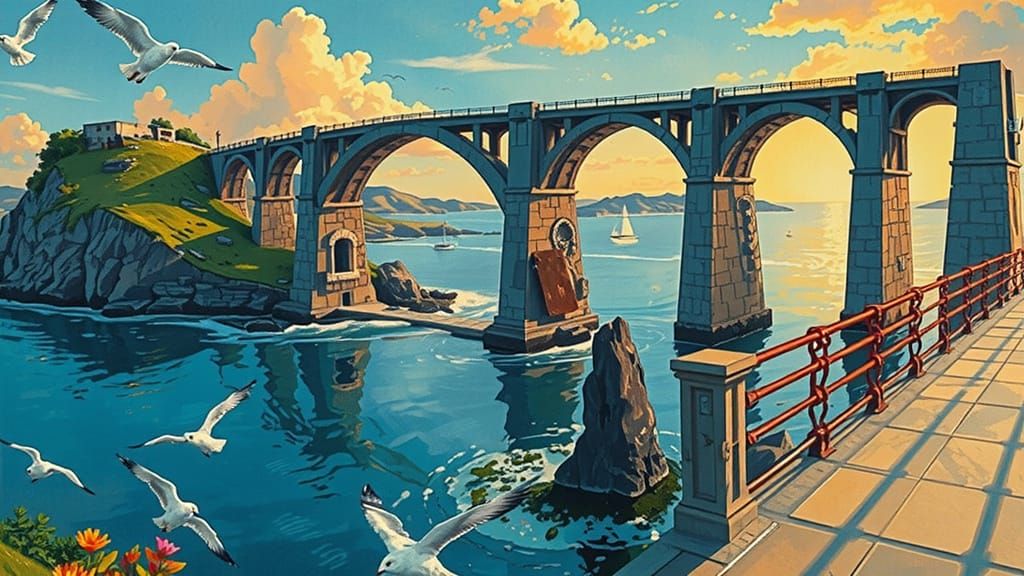Geometric Seascape with Arched Bridges in Comic Book Style