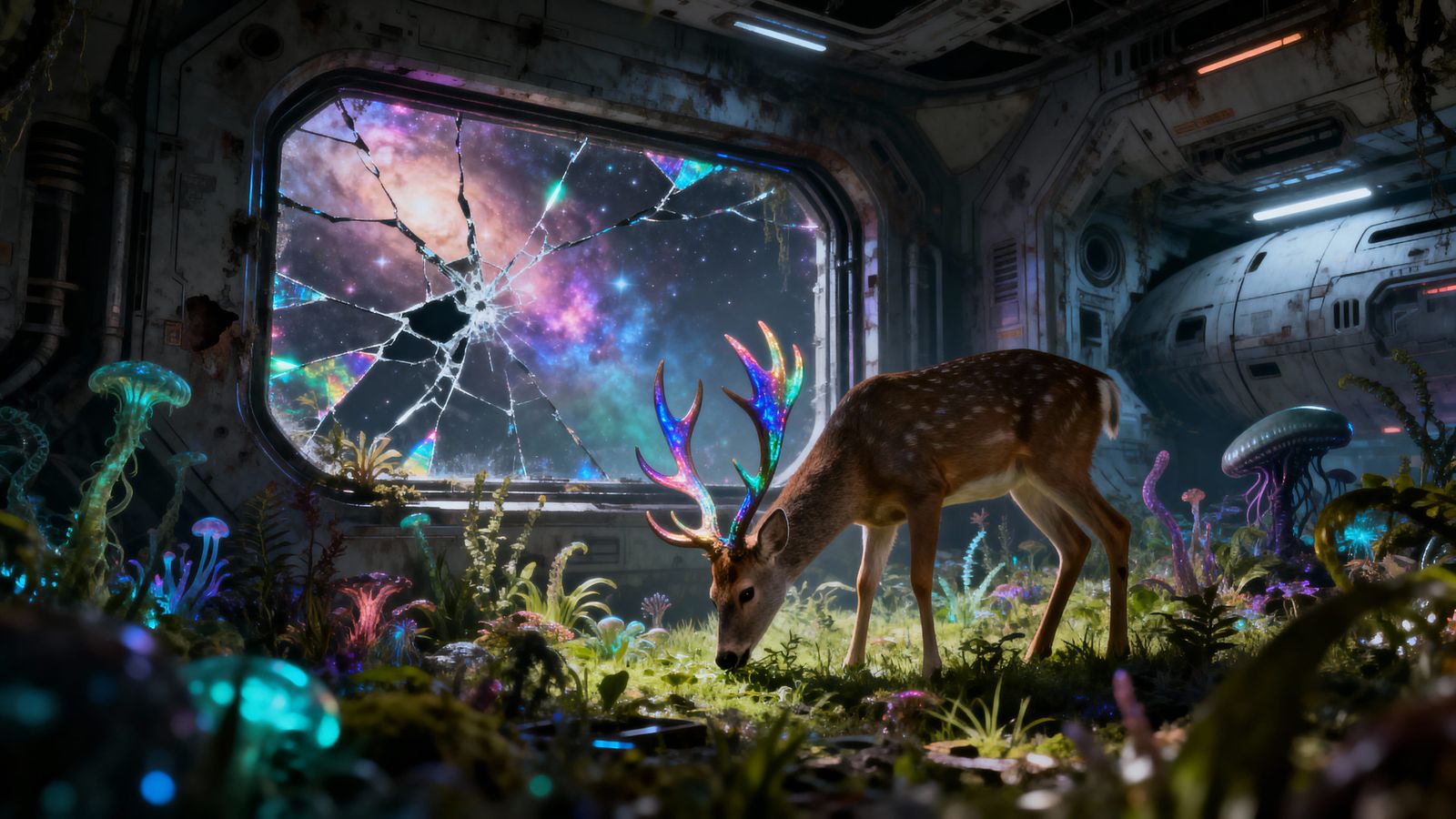 Deer in Bioluminescent Garden on Derelict Spaceship