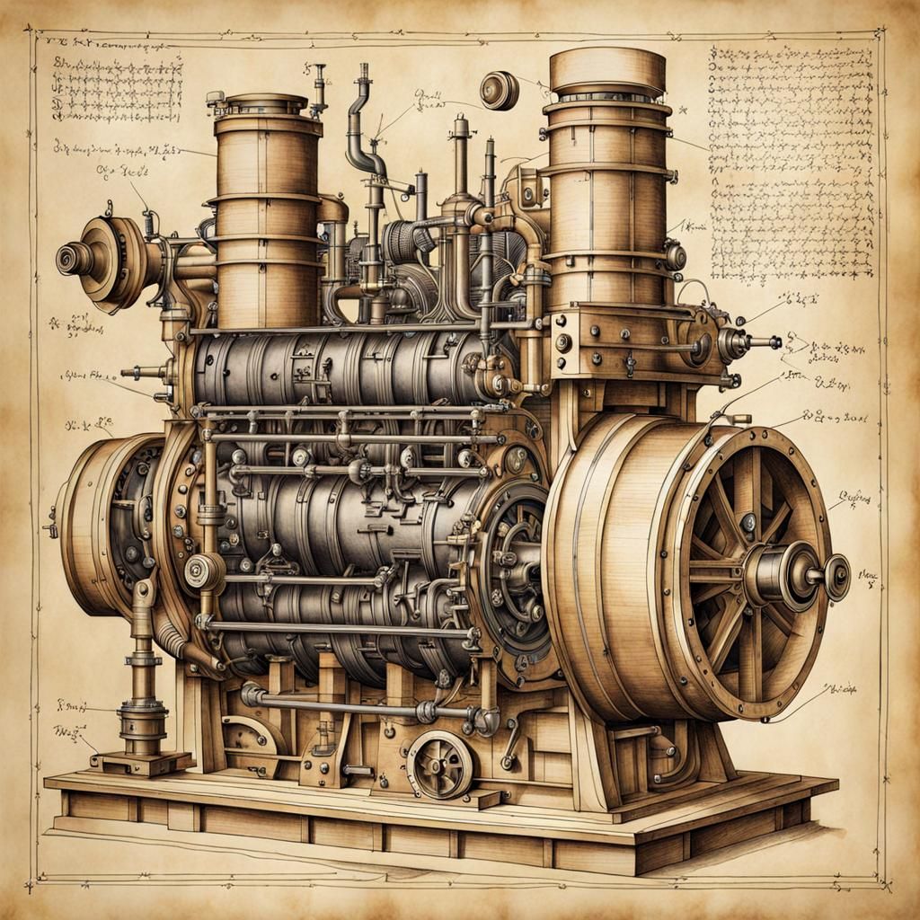 Da Vinci-esque Engine Design in Ink on Parchment