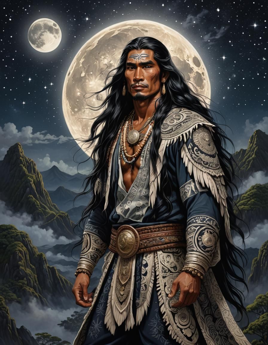 Polynesian Man Under Full Moon at Night