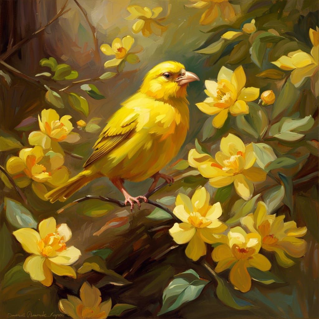 Yellow Canary Oil Painting in Nature