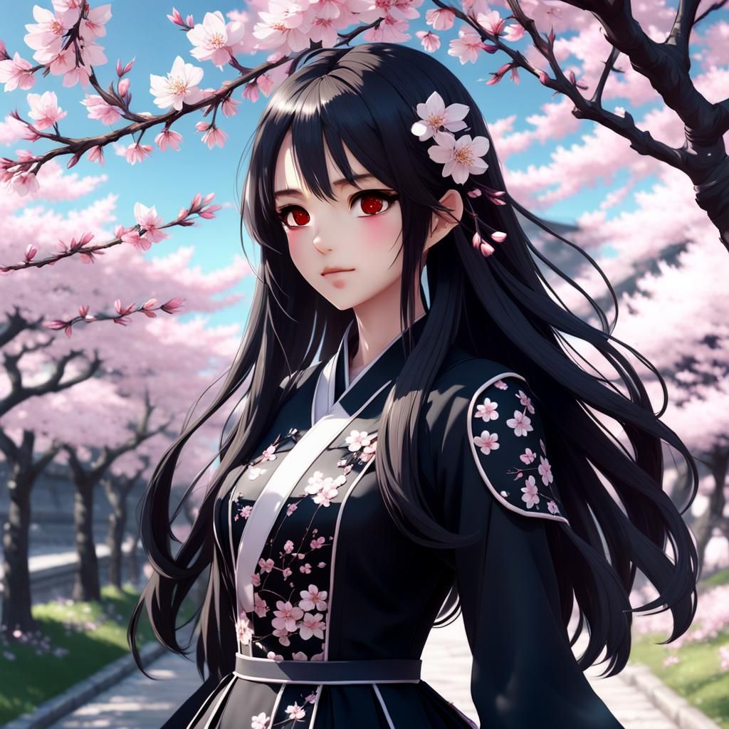 Anime Girl in Cherry Blossom Garden, 3D Render