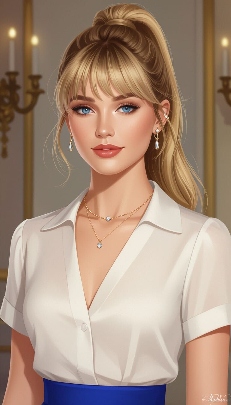 Elegant Woman in Blue Skirt, Semi-Realistic Digital Art