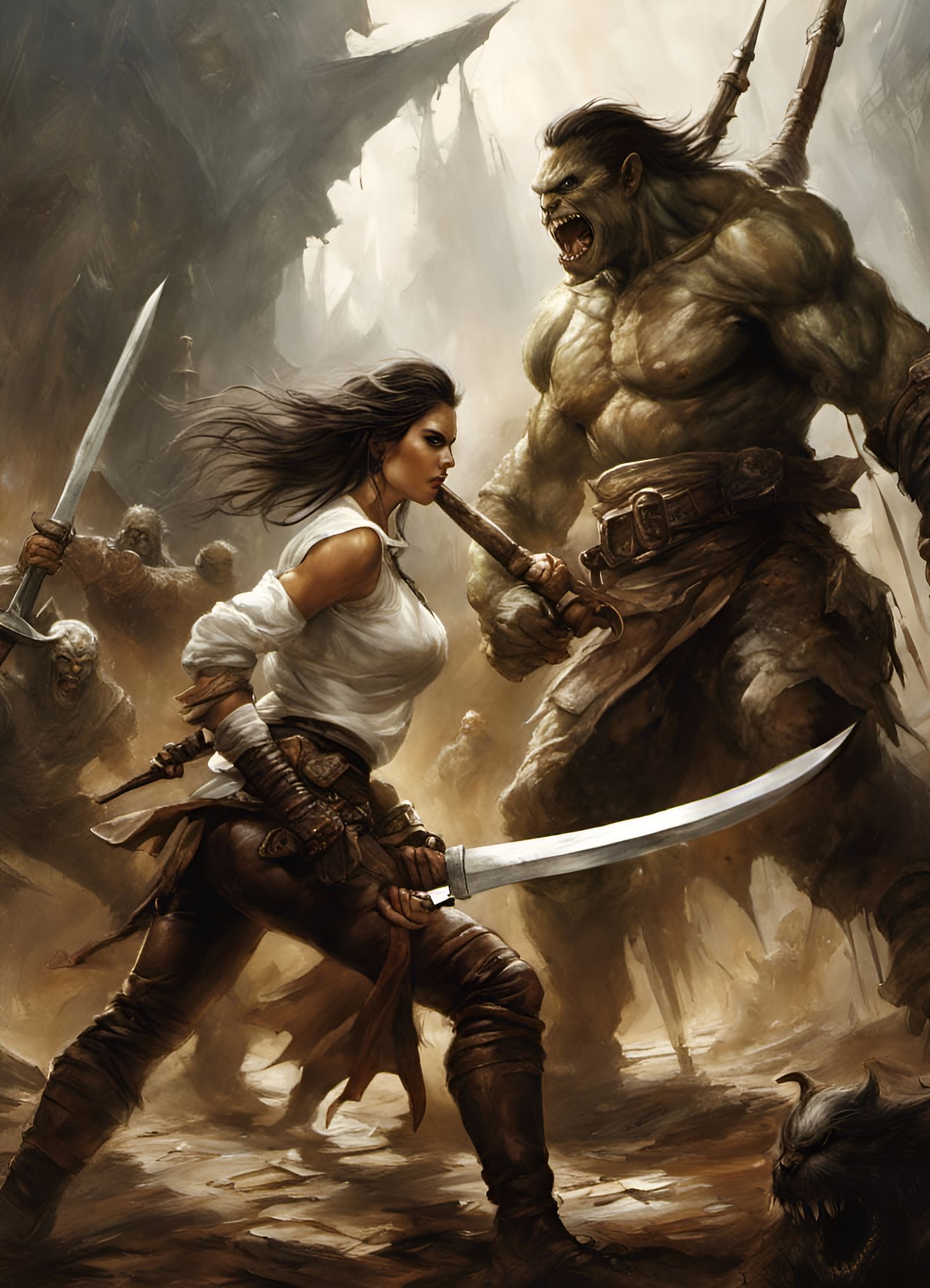 Brutal Battle Between Woman and Orc in Dark Fantasy Style