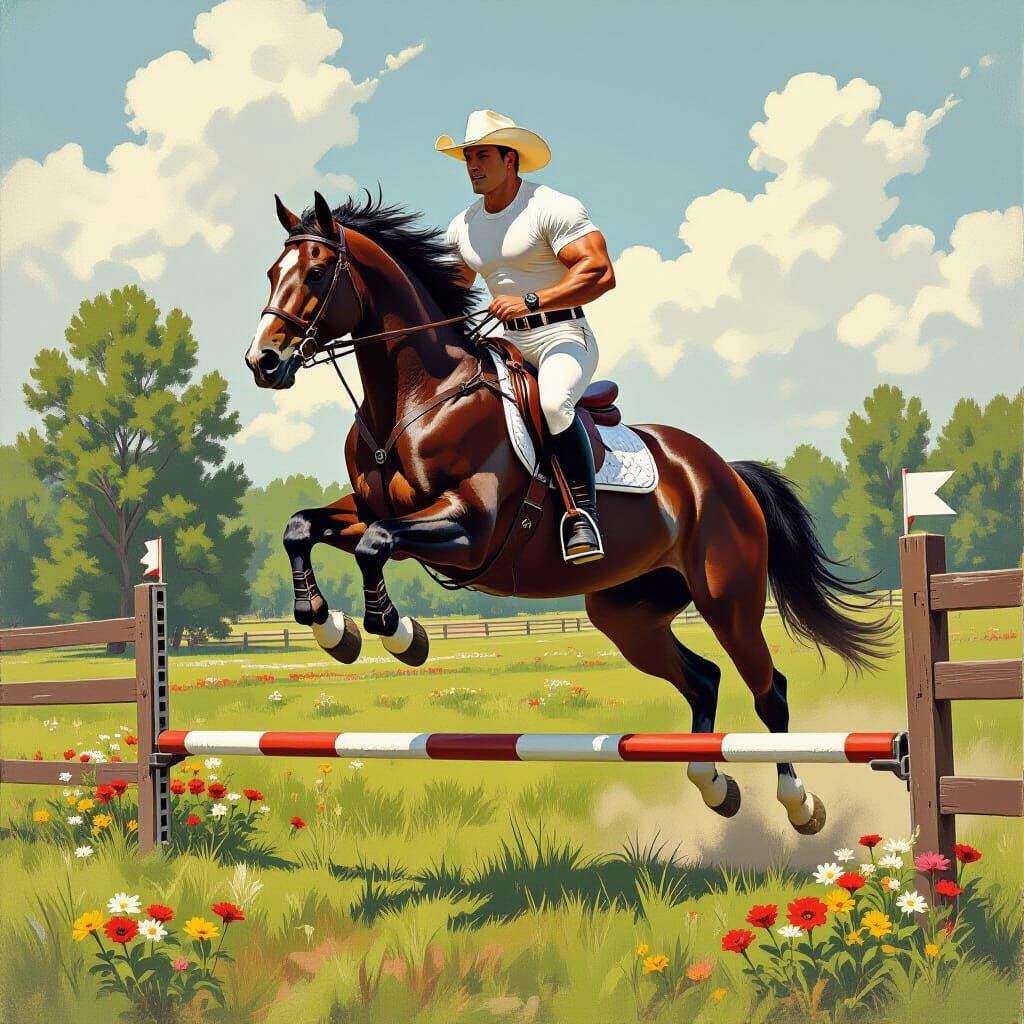 Dynamic Horse Rider in Vibrant Green Field
