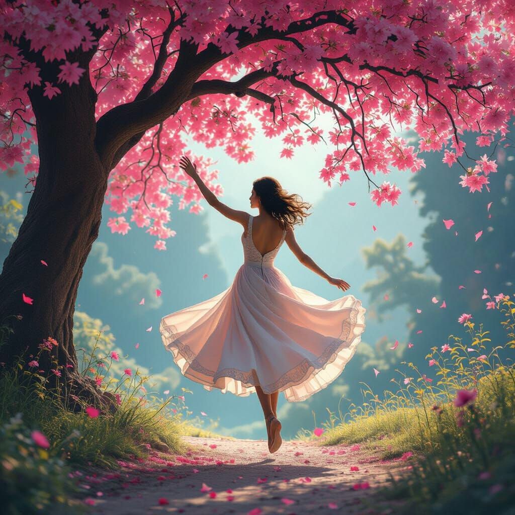 Woman Jumping Under Pink Tree: A Fantasy Photorealistic Imag...