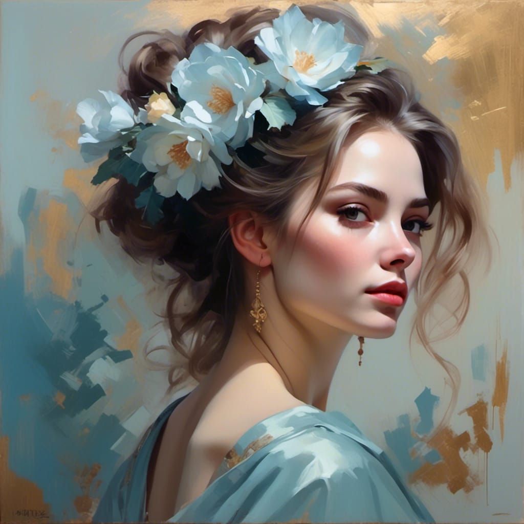 Elegant Woman with Flowers, Guweiz Style Portrait