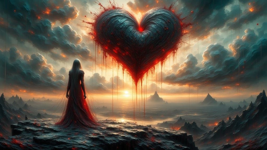 Woman on Precipice with Heart, Dramatic Painting