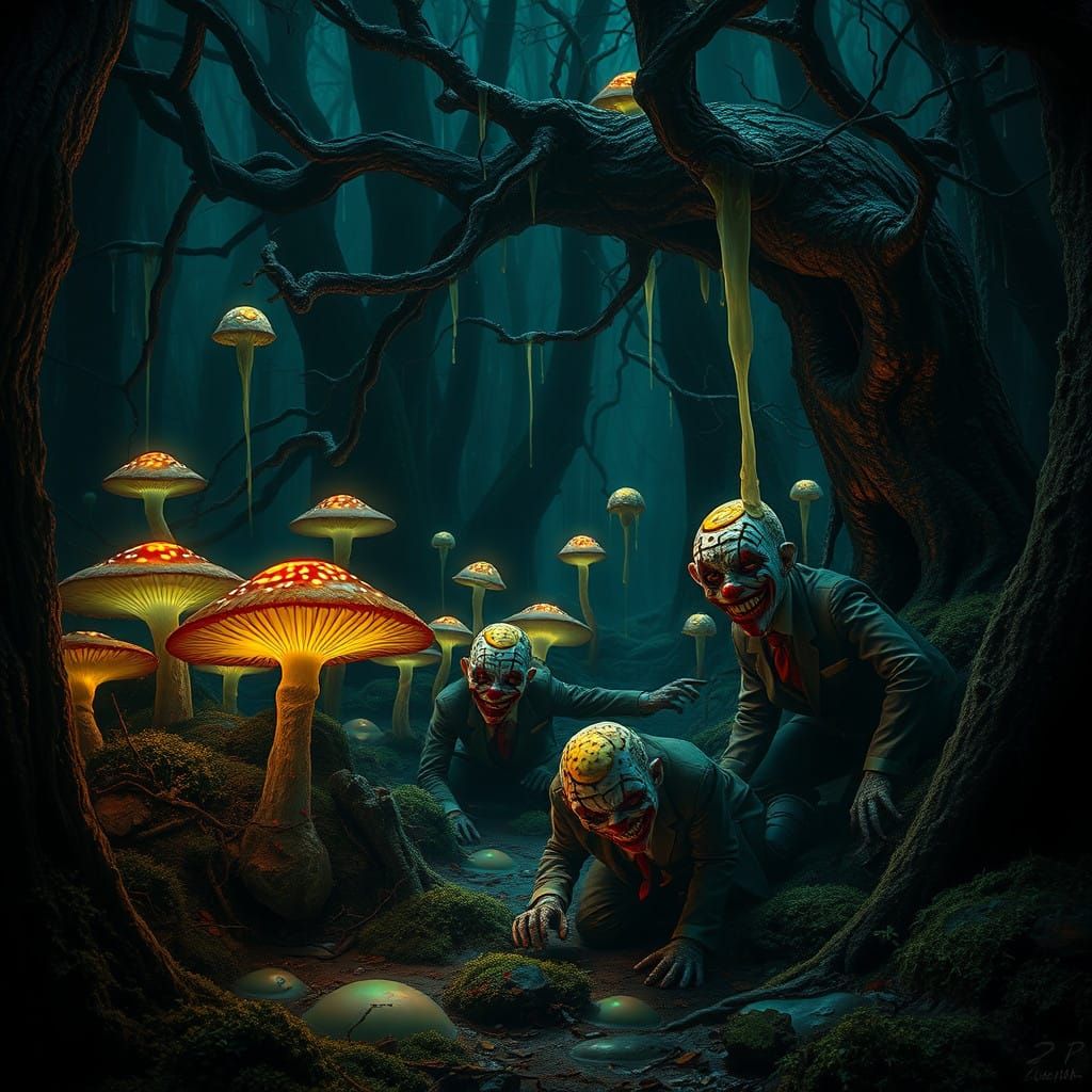 Twisted Forest of Glowing Mushrooms and Creeping Clowns
