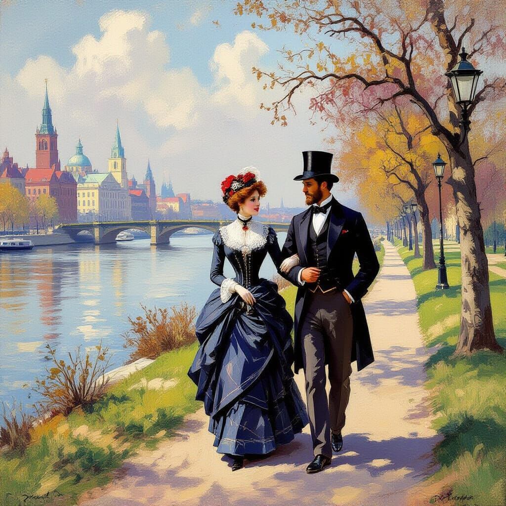 Victorian Couple Strolling in Impressionistic Style