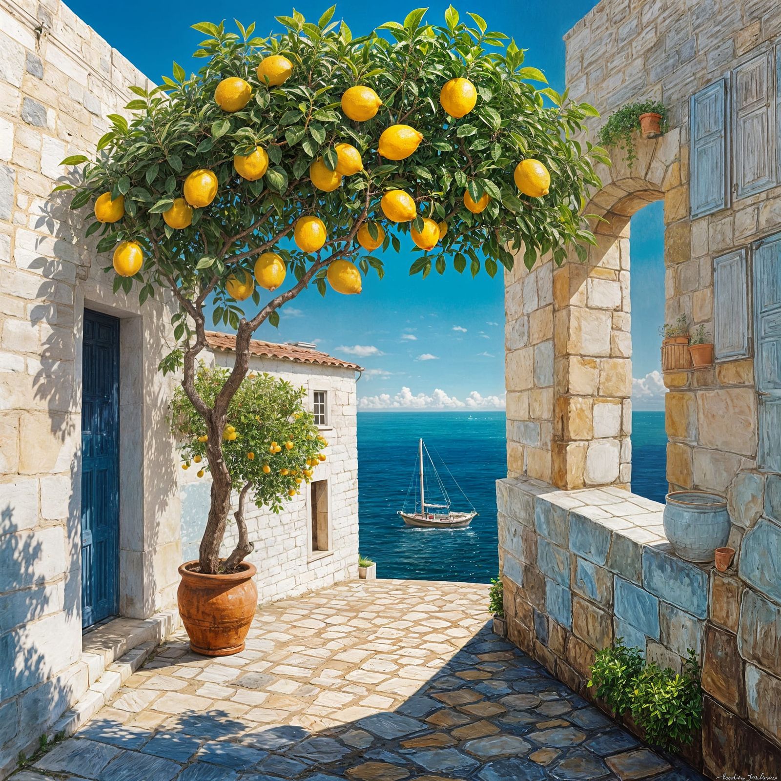 Seaside Patio with Lemon Tree and Sailboats
