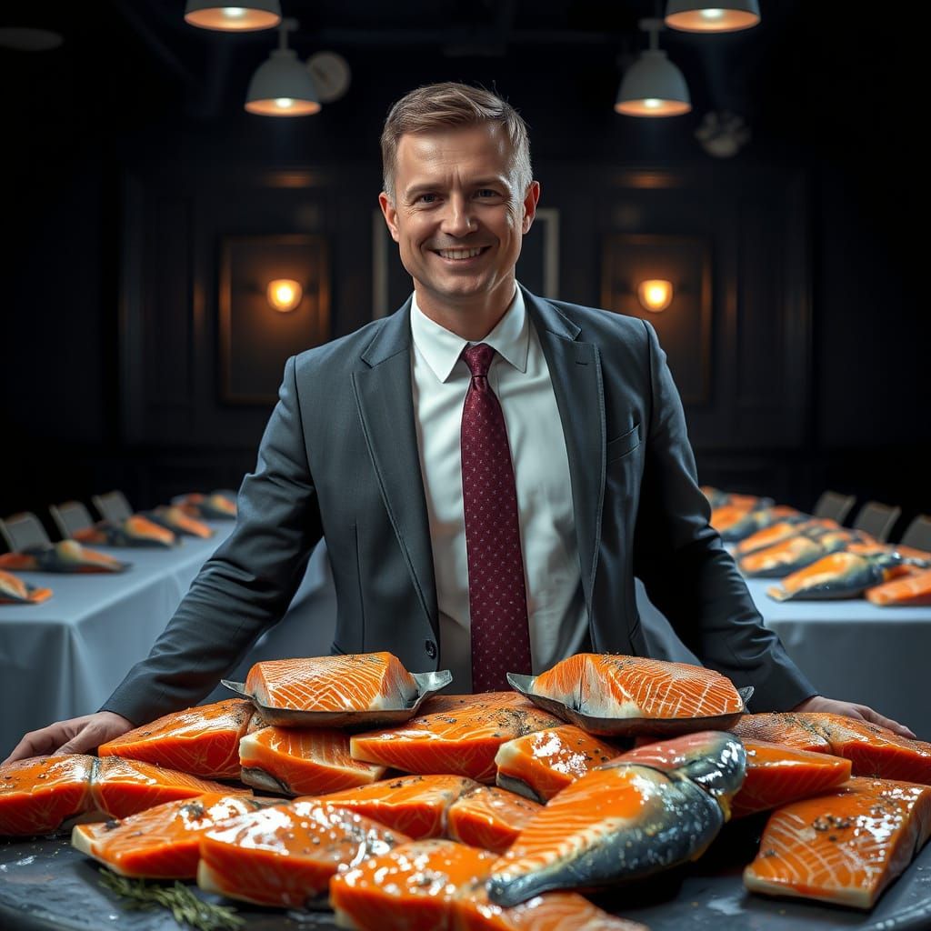 A Serious Businessman Amidst a Feast of Fresh Norwegian Salm...