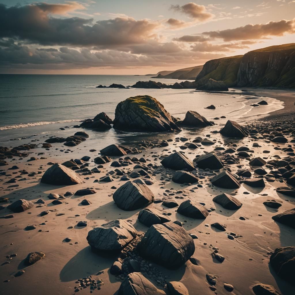 Dramatic Sunset Over Rocky Beach in Ireland