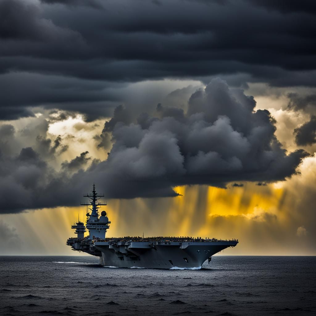 Aircraft Carrier Under Stormy Skies, Oil Painting
