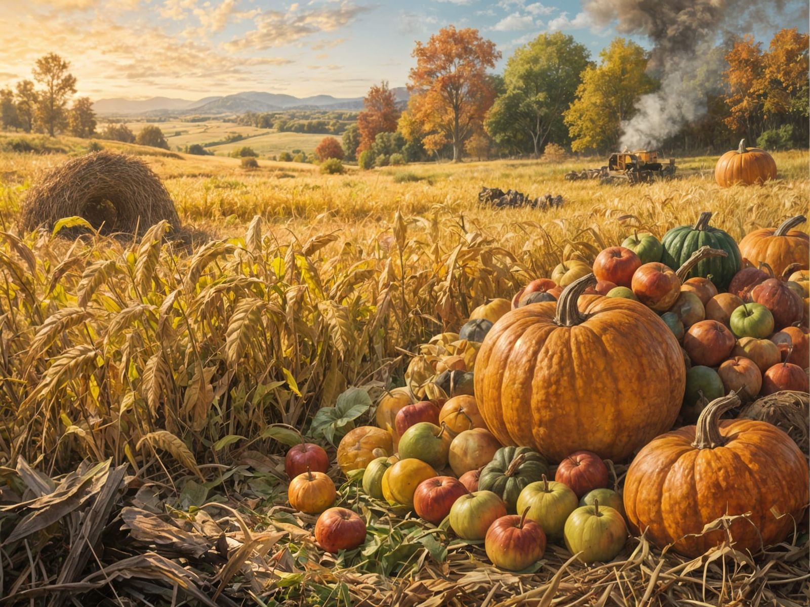 Bountiful Autumn Harvest Scene in Warm Oil Painting Style