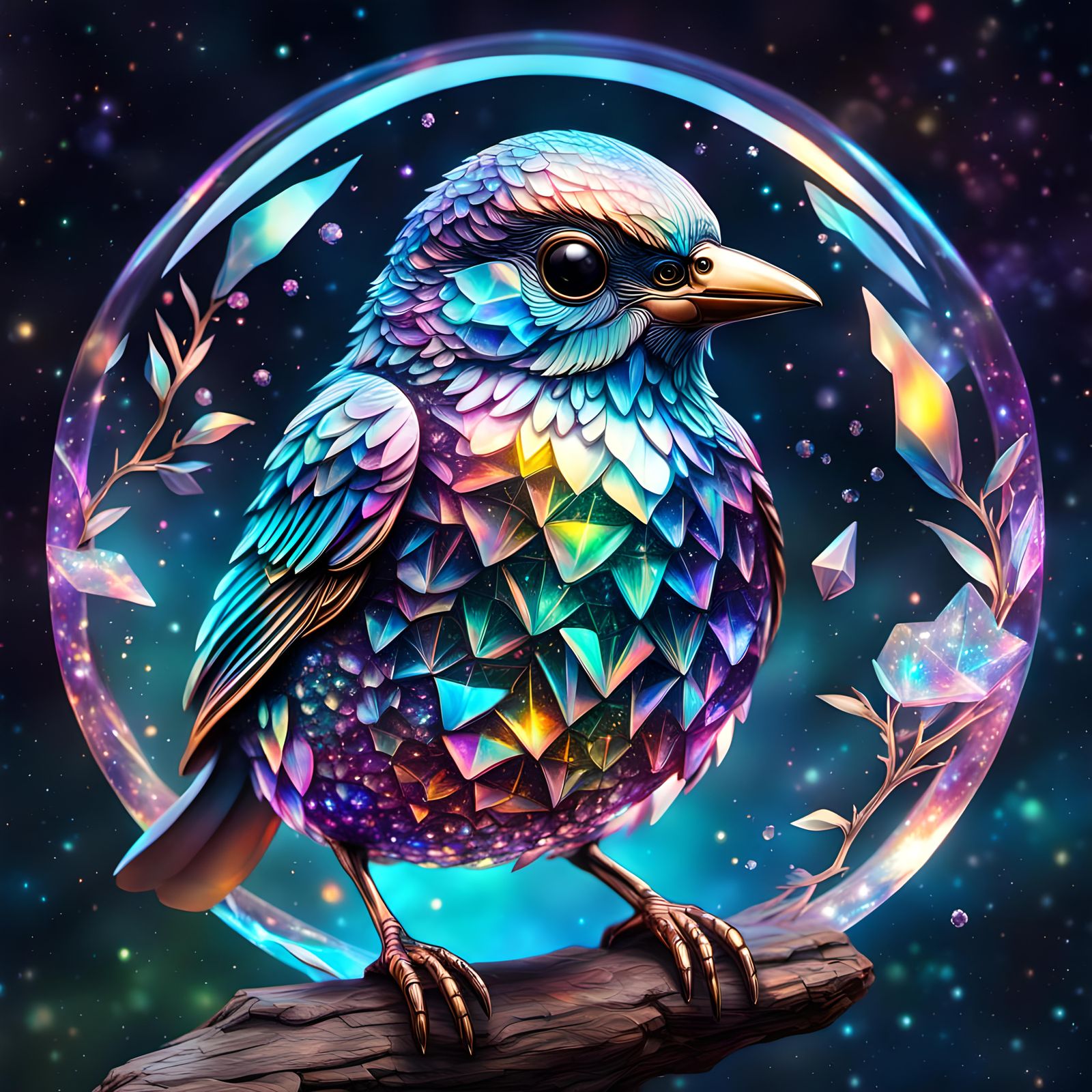 Iridescent Crystal Bird: Holographic Astral Illustration