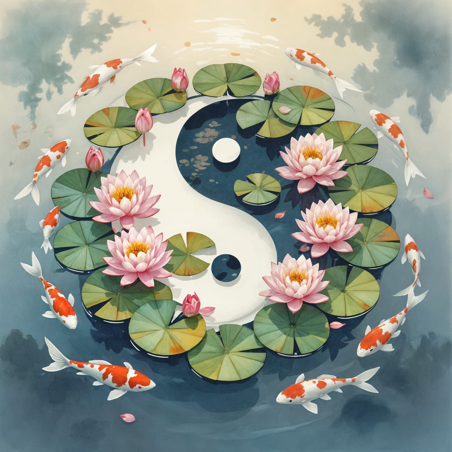 Yin and Yang Water Lilies in Chinese Watercolor Style