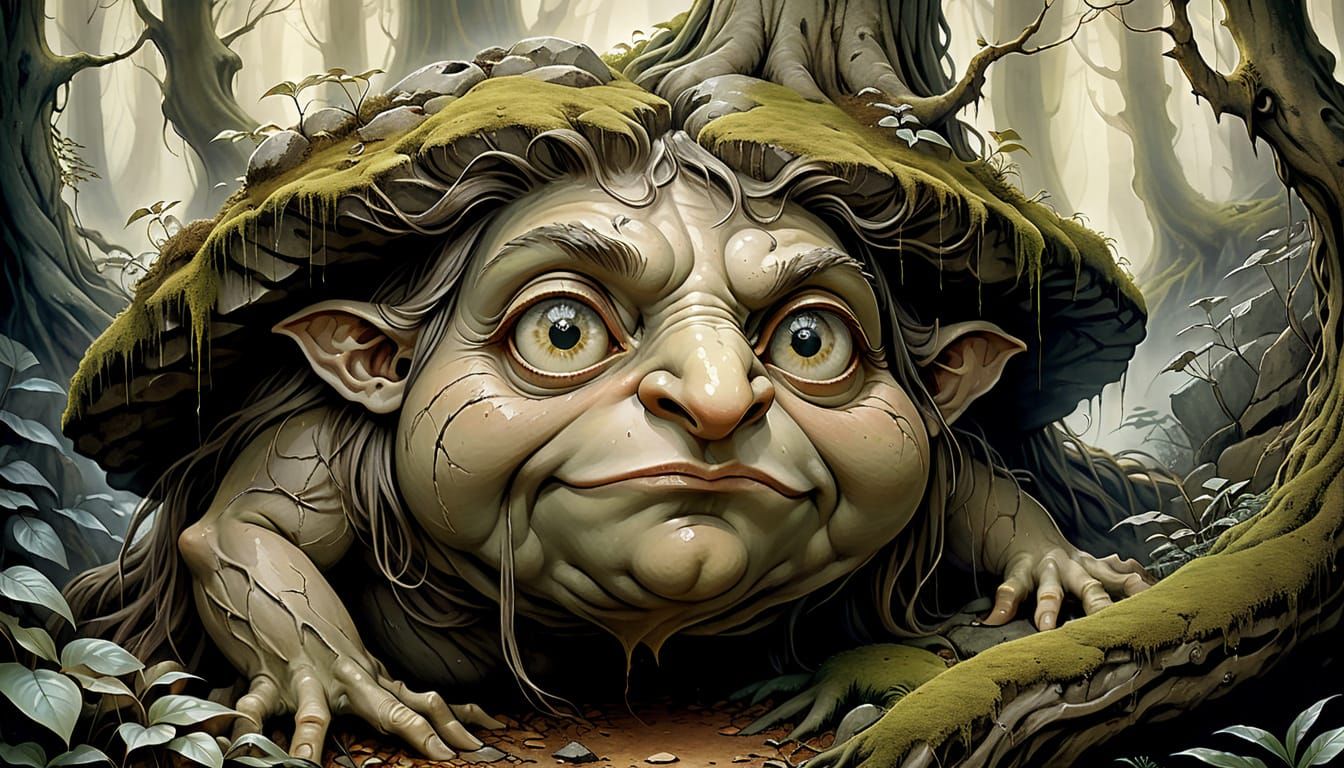 Ancient Boulder Face Watches You in Whimsical Forest Scene