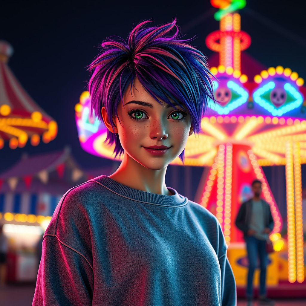 Woman at Fun Fair with Vibrant, Ultra-Realistic Rendering