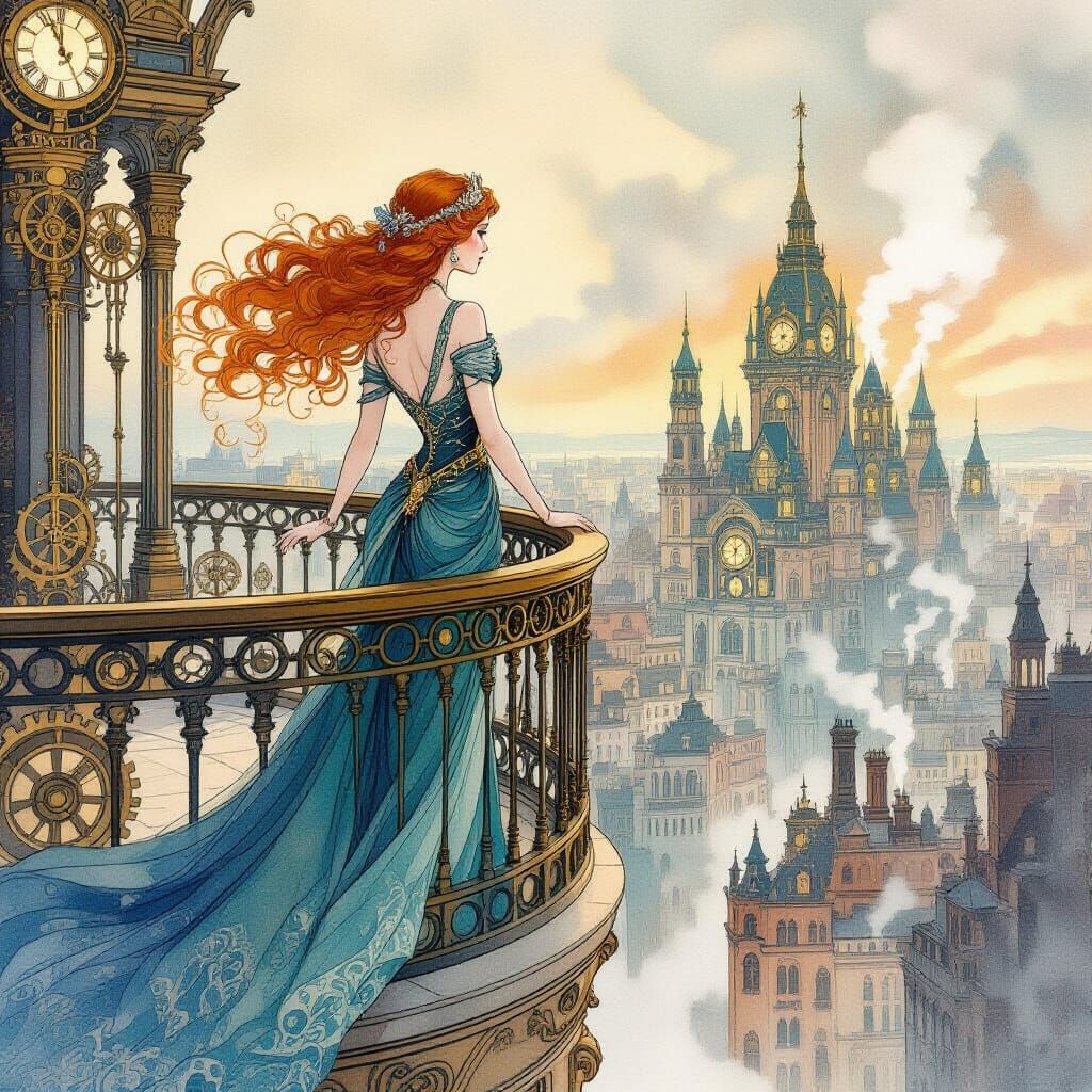 Art Deco Lady Overlooks Steampunk Victorian City