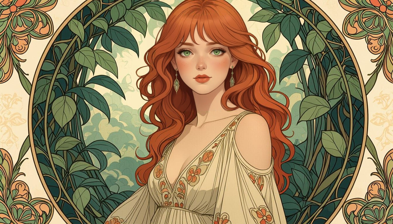 Fantasy Woman with Red Hair in Nouveau Art Style