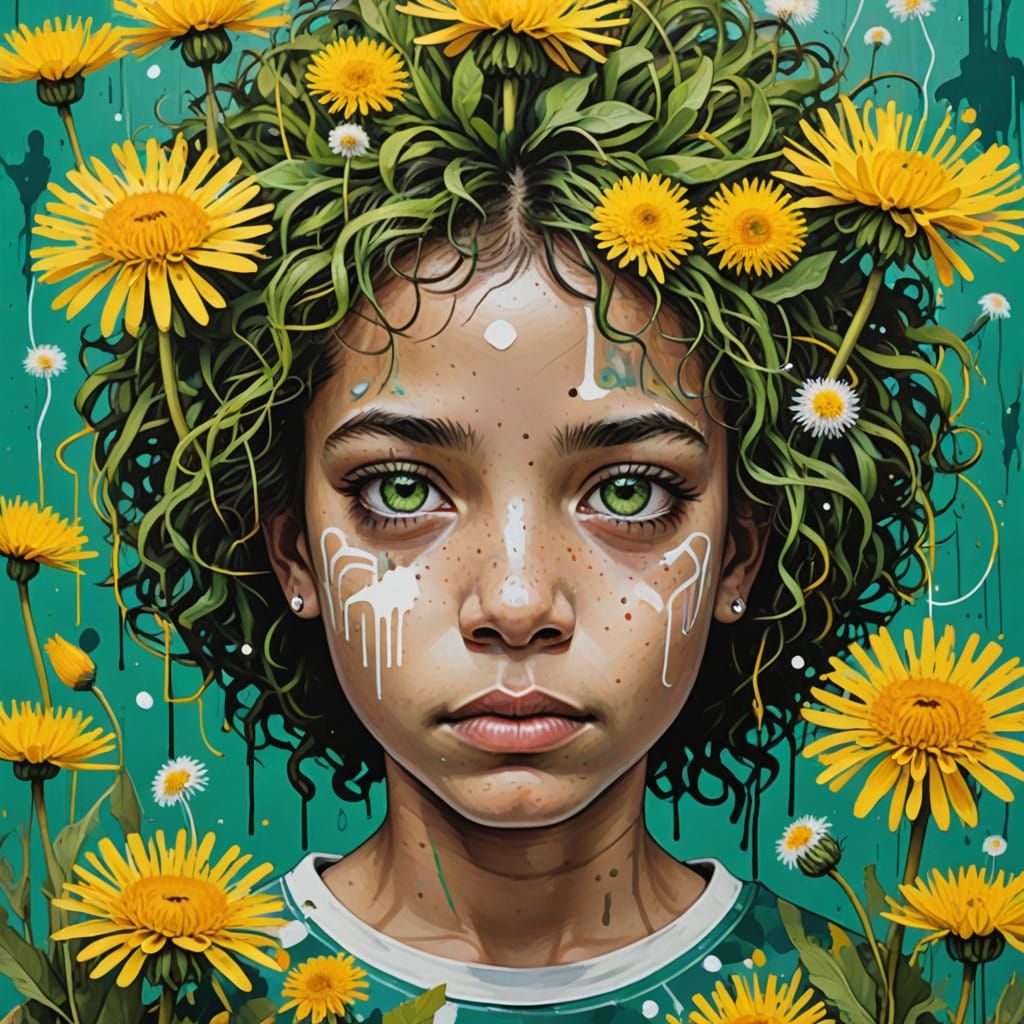 Whimsical Girl Surrounded by Vibrant Dandelions in a Kaleido...