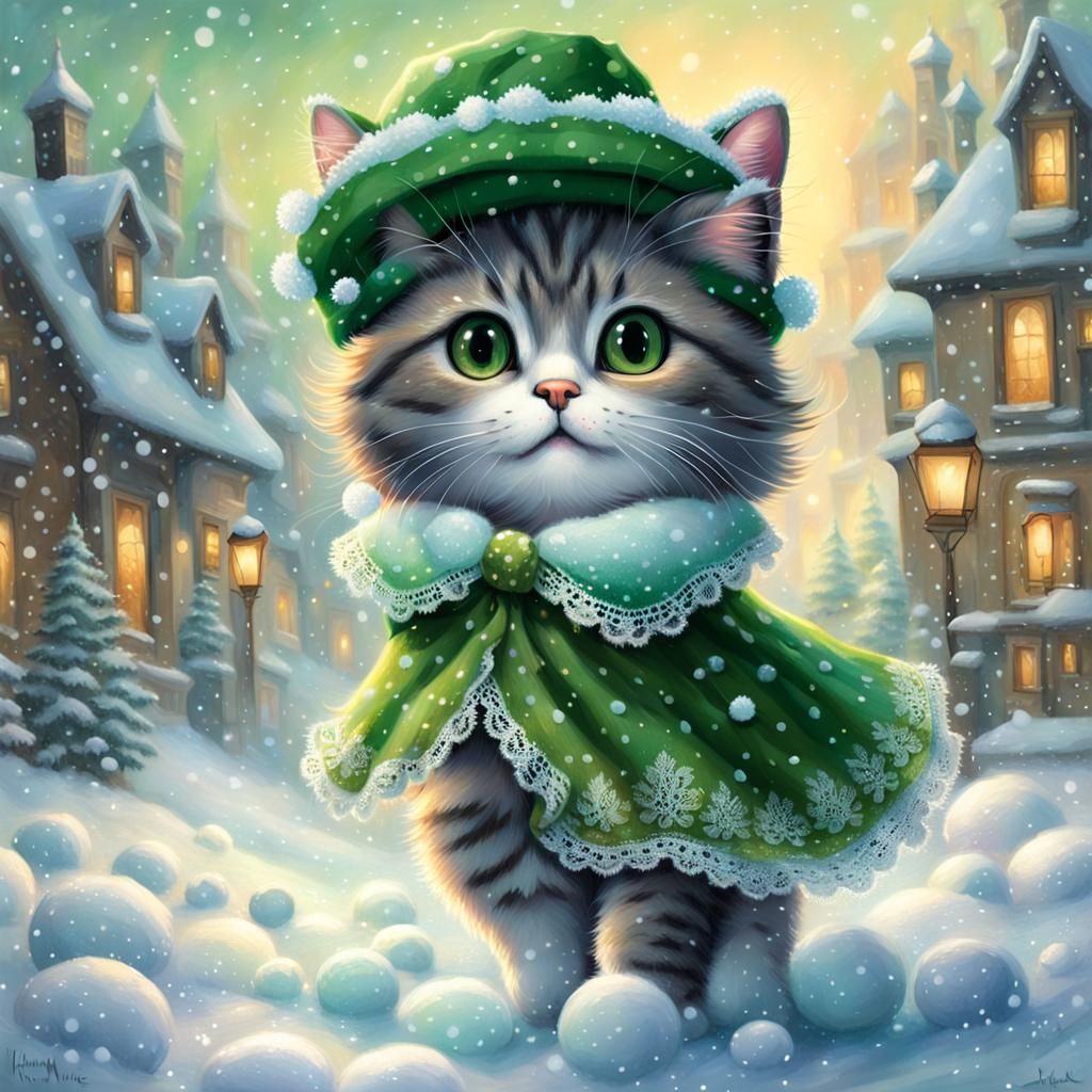 Cartoon Cat Dancing in Snow, Fantasy Art