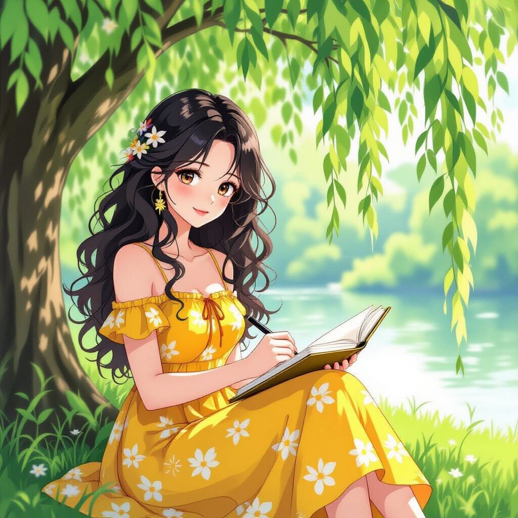 Anime Woman Journaling Under Willow Tree
